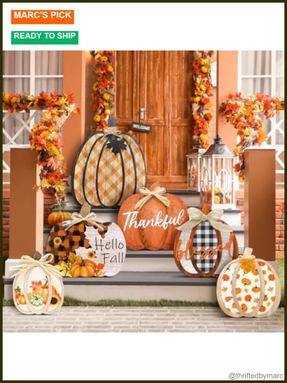6pc Wood Pumpkin Porch Signs Farmhouse Fall Outdoor Decor 15.75in